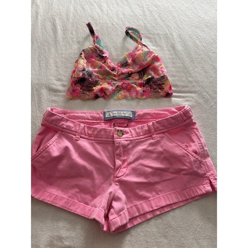 Y2K Abercrombie & Fitch Outfit Micro Mini Pink Shorts VS Pink Bralette Size‎ S/2
